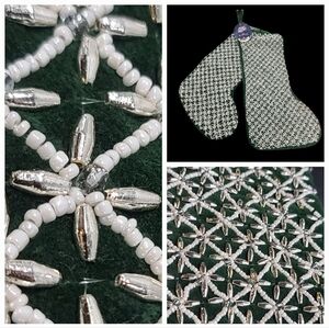 2 Piece Luxury Velvet Green Silver & White Shimmer Beaded Christmas Stocking Set